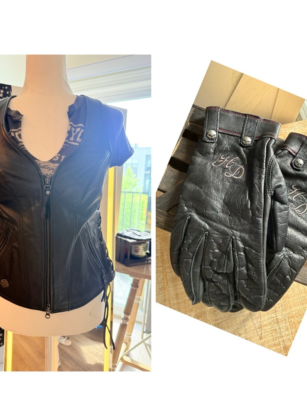 Harley-Davidson Black and White Leather Jacket Label Detail and gloves size sm